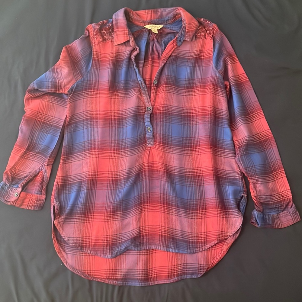 Lucky Brand blue pink plaid shirt, size small